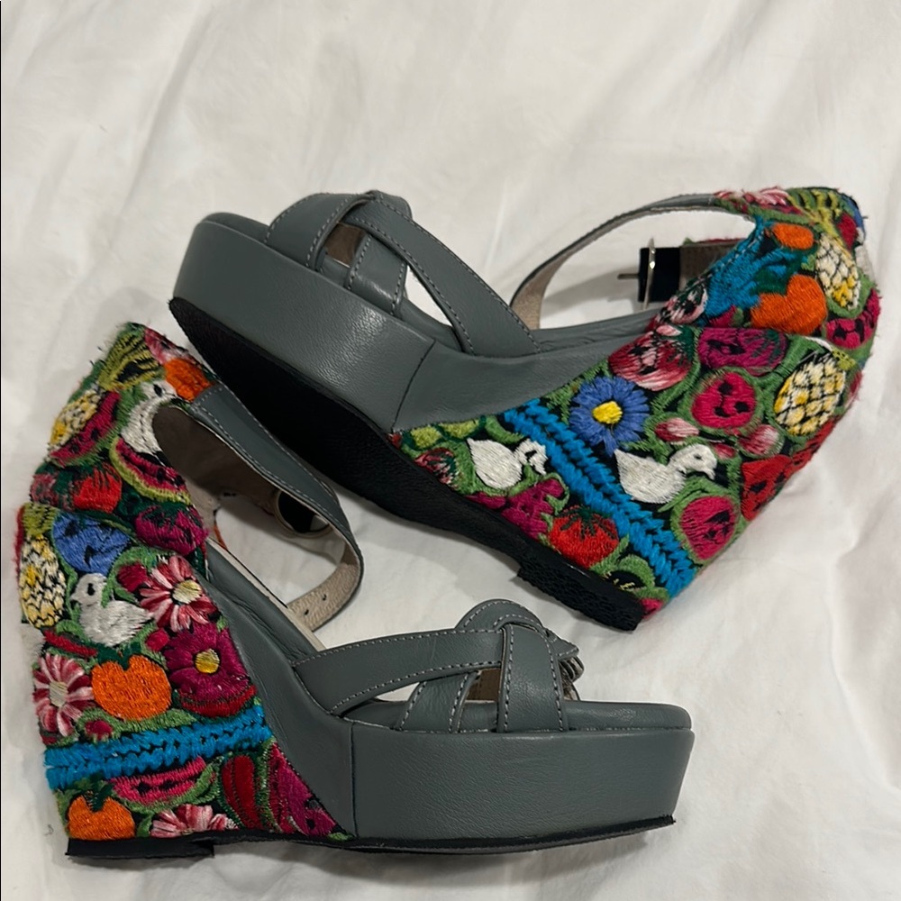 Gray Wedge Sandals with Traditional Guatemalan embroidered cloth